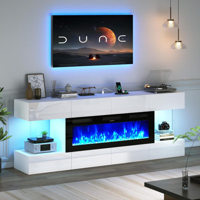 82'' Fireplace TV Stand With Power Outlet, Large Media Console With 50" Fireplace, LED Modern High Gloss Entertainment Center With 8 Handleless Storage Drawers