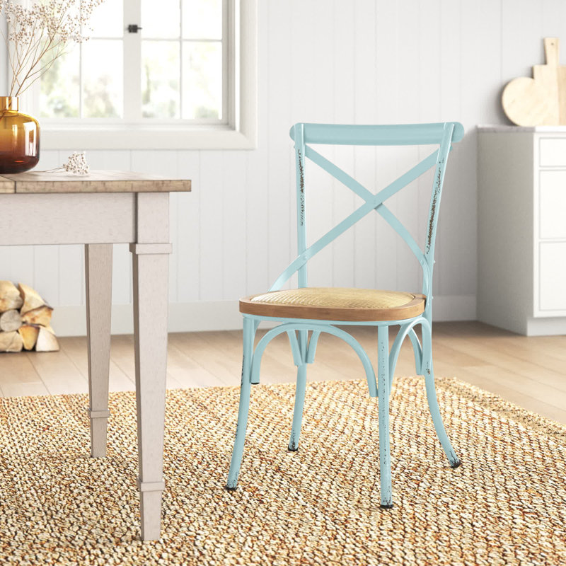 Metal White Dining Chair with Brown Rattan Seat, Blue