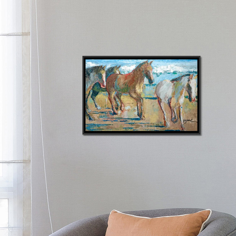 «Caballos en la Playa», reproduction sur toile, H 18 po x l 26 po x P 1,5 po, Toile avec cadre noir, Pas de tapis