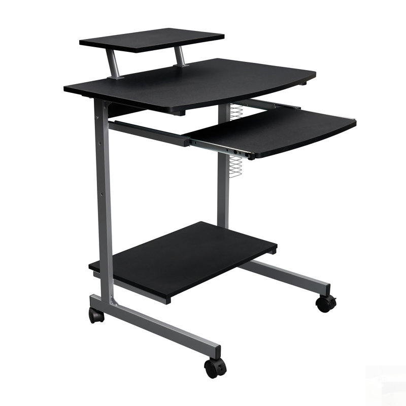 Chariot d'ordinateur compact avec rangement, graphite, tablette réglable et roulettes verrouillables pour un poste de travail polyvalent
