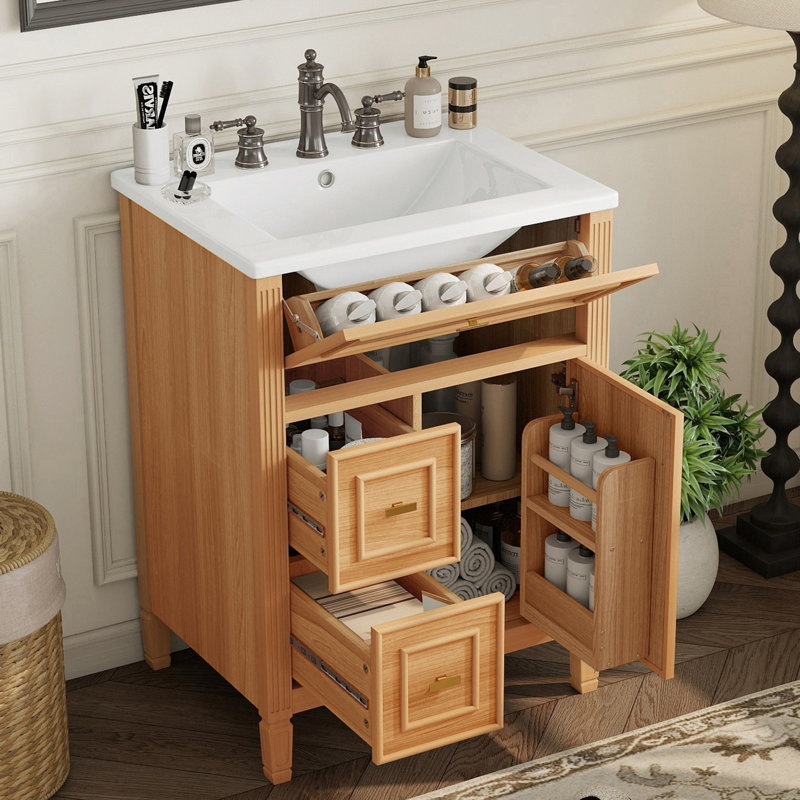 Unique 24" Bathroom Vanity With Ceramic Top, Wood, 23.96