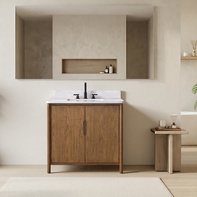 Meuble-lavabo autoportant à simple cuve 36 po avec plateau en pierre reconstituée Lucerne , Tan, 36