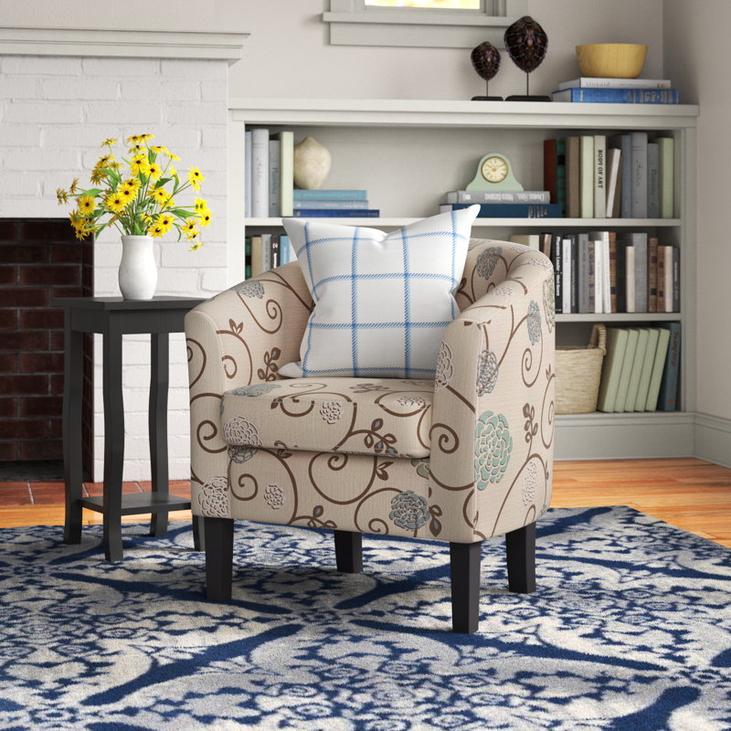 Munson 26.77" Wide Linen/Polyester Upholstered Barrel Chair, Beige/Blue  Linen
