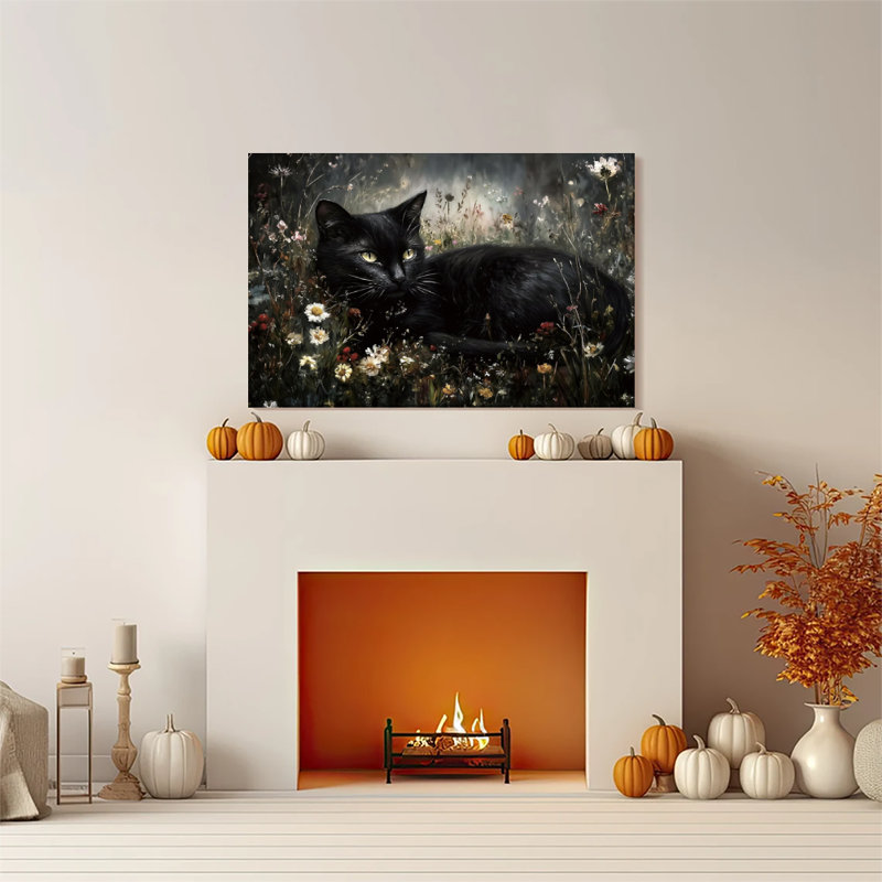 Tableau encadré sur toile, 1 affiche, style cottage-core vintage, avec chat noir, idéal pour le salon, la chambre, le bureau, la salle de bain, la chambre d'étudiant ou toute autre pièce. Prêt à accrocher.