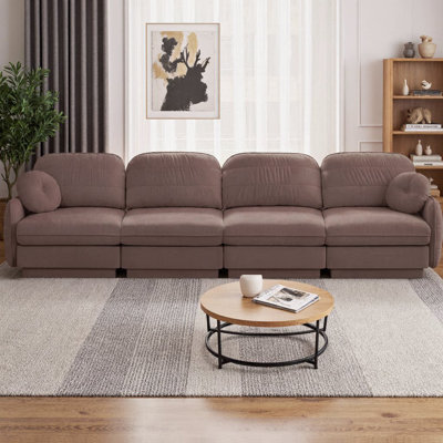 137" Chenille Cloud 4-Seater Sofa with Round Pillows, Quilted Back Cushions, 2-Layer Frame, Recessed Base Legs, Ergonomic Design, Deep Seat, Easy Assembly, Soft Plush Upholstery