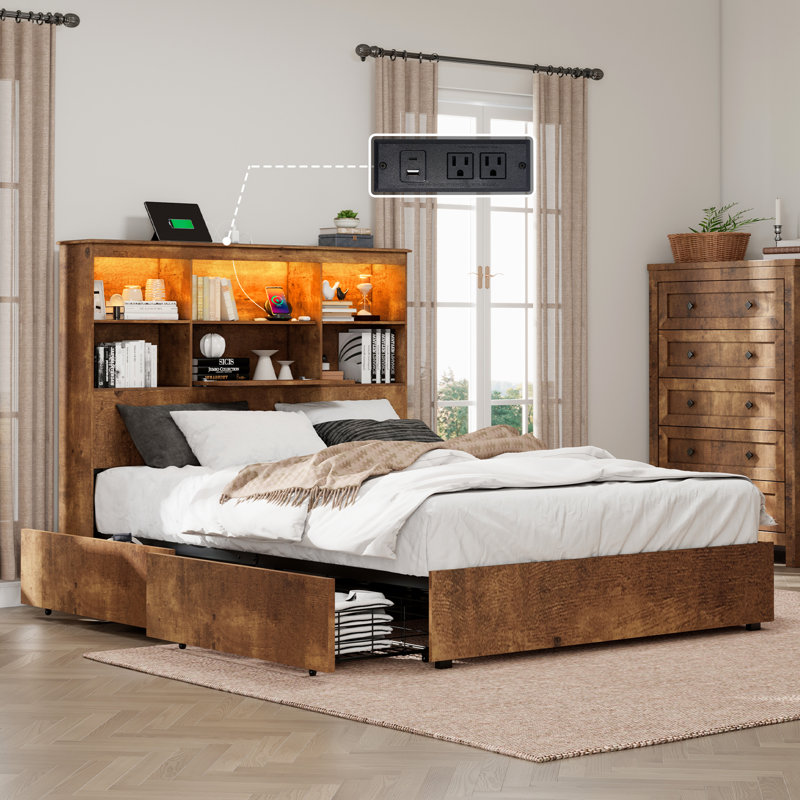 Wooden Storage Bed Frame With Led Bookcase Headboard, Queen, Rustic Brown