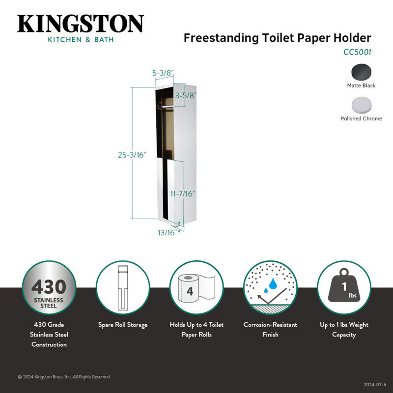 Porte-papier hygiénique sur pied avec rangement pour rouleau, Chrome poli