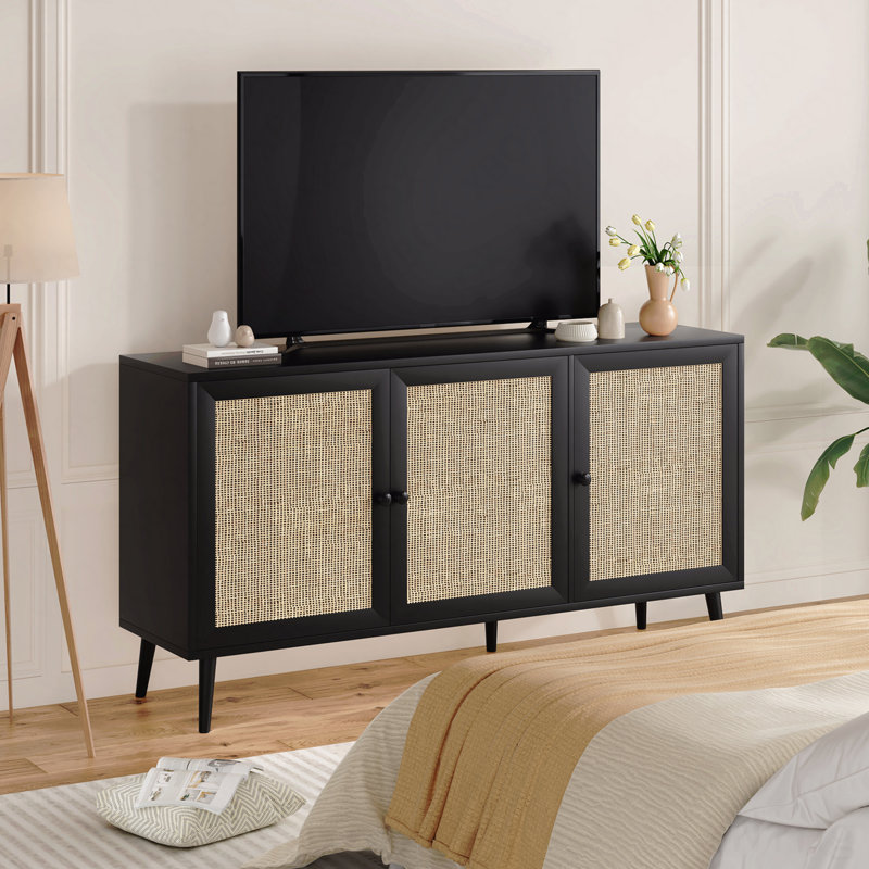 Buffet avec 3 portes en rotin et armoire de rangement moderne, H 31,1 po x l 15,4 po x P 15,4 po, Noir