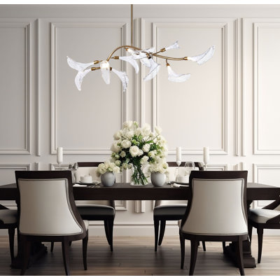 60 inch Mitchiner Linear Chandelier in Natural Brass with Clear Hand-formed glass flowers