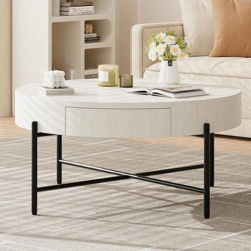 Coffee Table With Drawers Round Center Table, Natural
