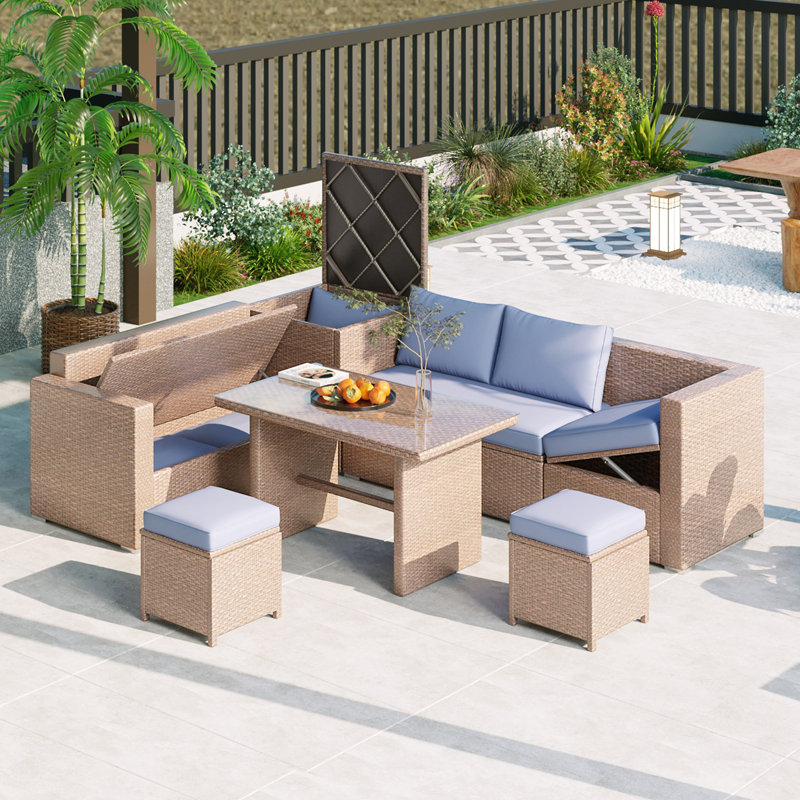 Outdoor 6-Piece PE Rattan Sofa Set Garden Patio Wicker Sectional Furniture Set Tempered Glass Top Table, Natural, Blue
