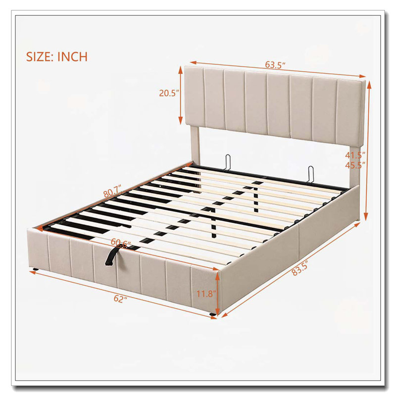 Lit plateforme tapissier avec système de rangement hydraulique, Beige, Grand lit