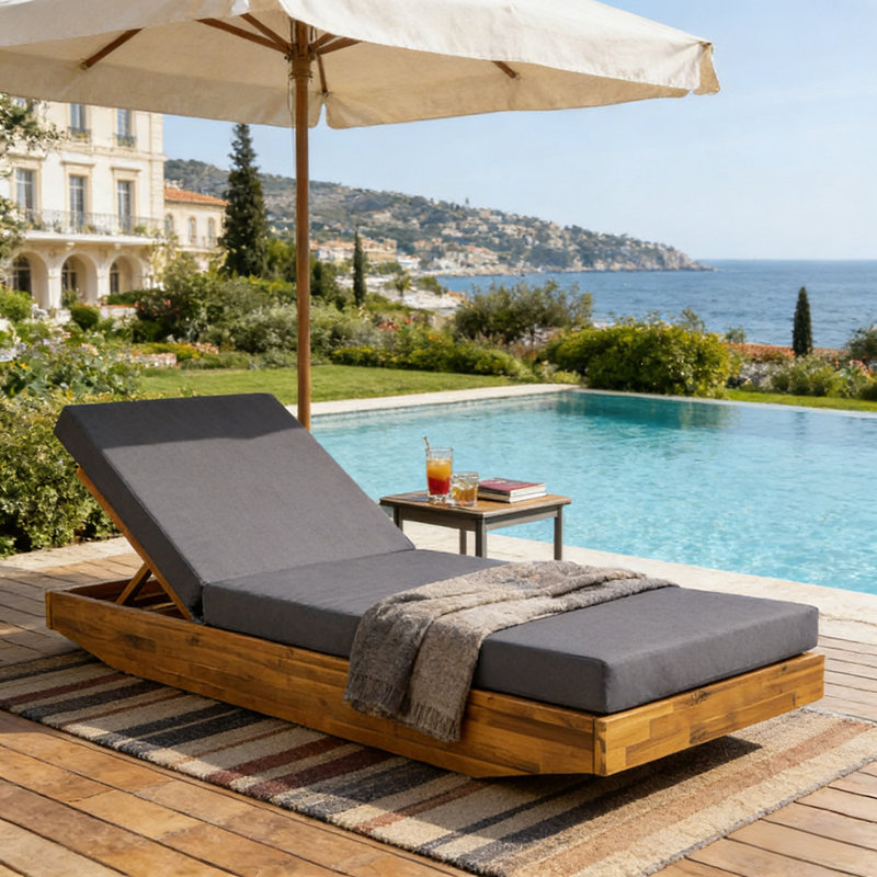 Chaise longue en bois d'acacia avec coussin, Gris foncé