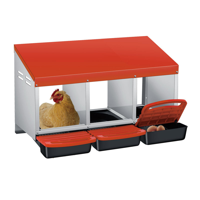 Boîte de nidification pour poulets, conception à roulettes à 3 compartiments pour collection d'œufs à grand volume et fixation murale facile avec pieds en métal