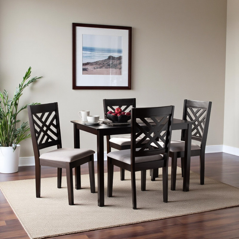 Ensemble de salle à manger en bois d'hévéa Fraserburgh, 5 pièces: table, 4 chaises, Brun espresso / gris