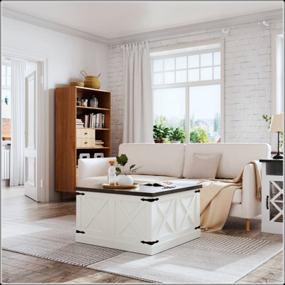 Table basse Farmhouse avec grand rangement caché, table centrale carrée en bois pour les salons rustiques et modernes, conception à plateau relevable à charnières