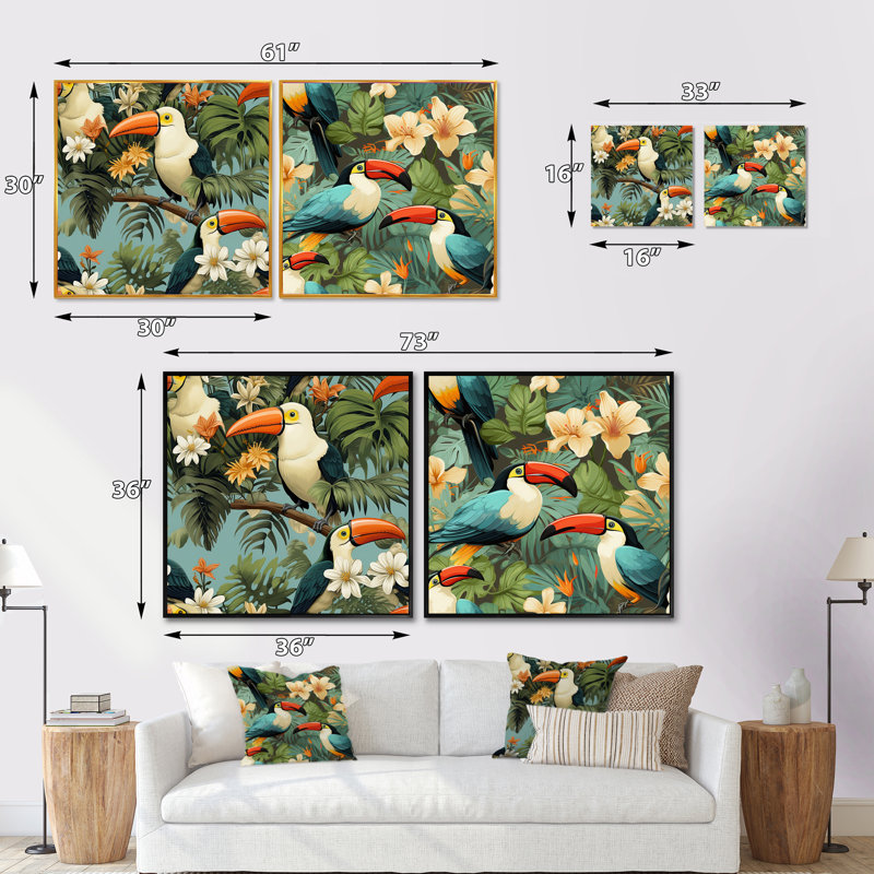 Mechra - Ensemble de 2 collages carrés tropicaux, Cadre flottant noir, H 16 po x l 33 po