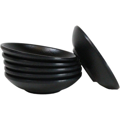 Pack Of 6 Black Silk Melamine Round Curved Appetizer Sides Banchan Plates 4.75"D
