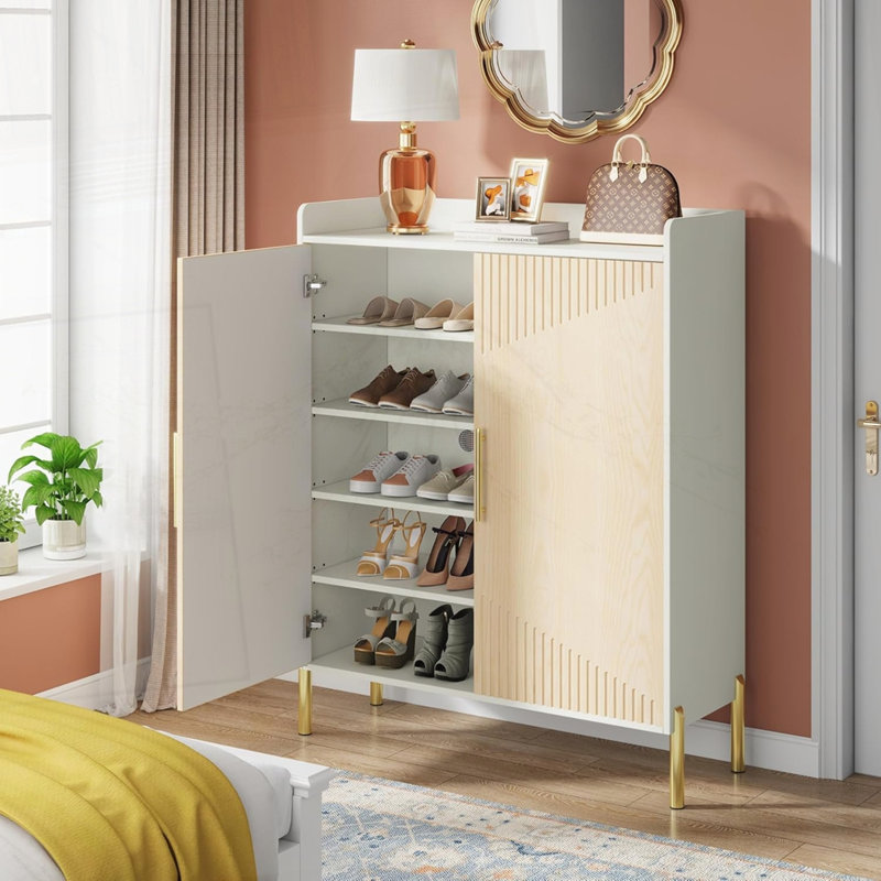 35.43" White & Gold 6-Tier Entryway Shoe Storage Cabinet with Doors, White+Natural