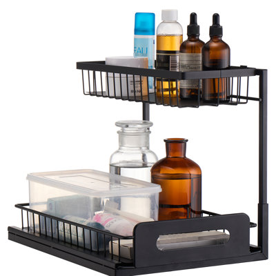 2 Pull Out Cabinet Under Sink Drawer, 10.7"W X 14.2"D, 12.5"Wx15.5"Dx13"H Size, Black Iron, Rustproof, Non-Slip, Ideal For Laundry And Office