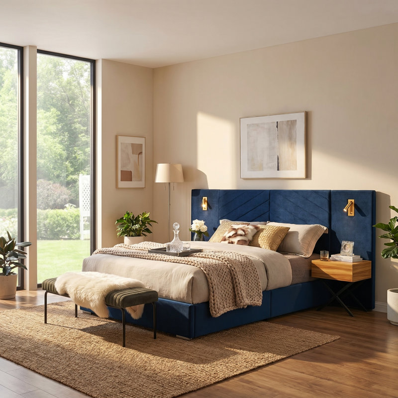 Lit plateforme tapissier moderne en velours avec tête de lit capitonnée à oreilles, aucun sommier requis, King, Retro Blue