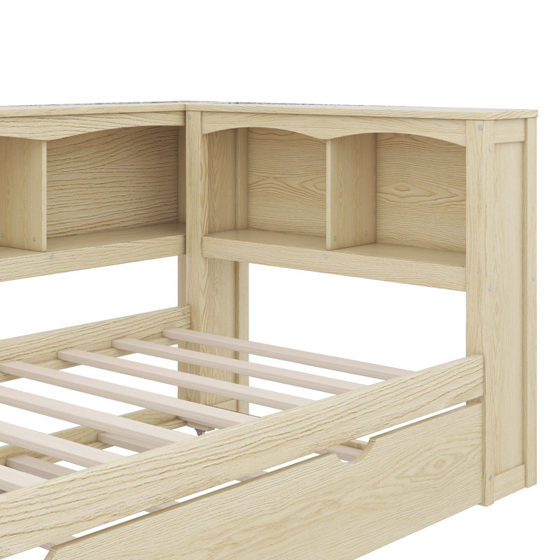 Lit de jour simple avec armoires de rangement spacieuses et ports de charge USB, Naturel