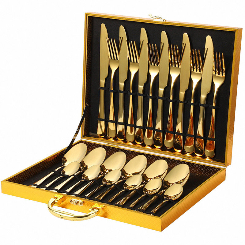Flatware Set Gold Silverware Set With Pattern Mirror Polished 24 Pieces Cutlery Set, Service For 6