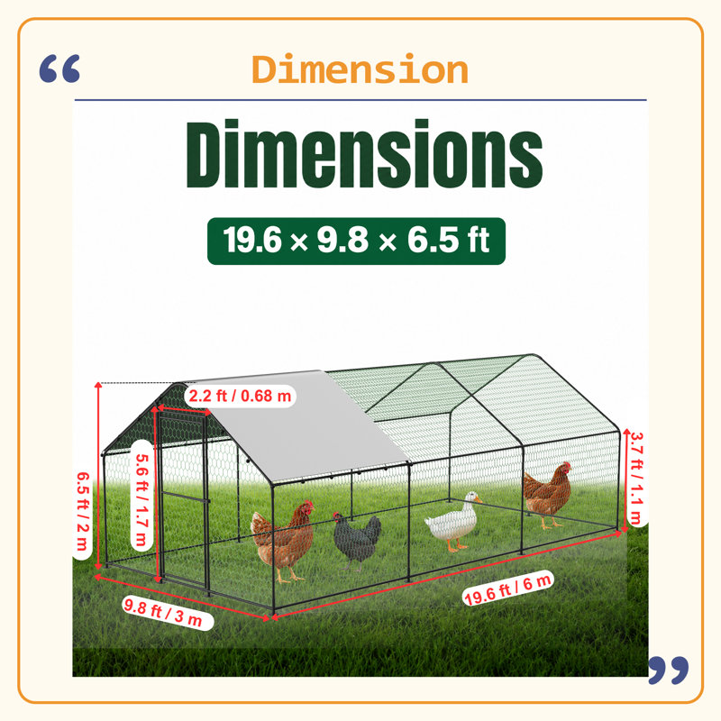 Grande cage à poules en métal pour cour avec abri 6,6 x 6,6 x 7,2 pi, H 78,7 po x l 118,1 po x P 235,2 po