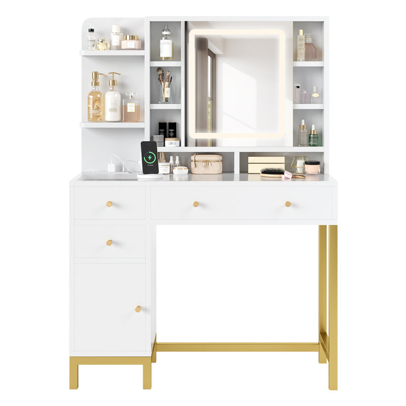 Bureau de coiffeuse blanc avec miroir et lumières, coiffeuse de maquillage avec miroir à DEL et prise de courant, 3 couleurs d'éclairage pour la chambre à coucher