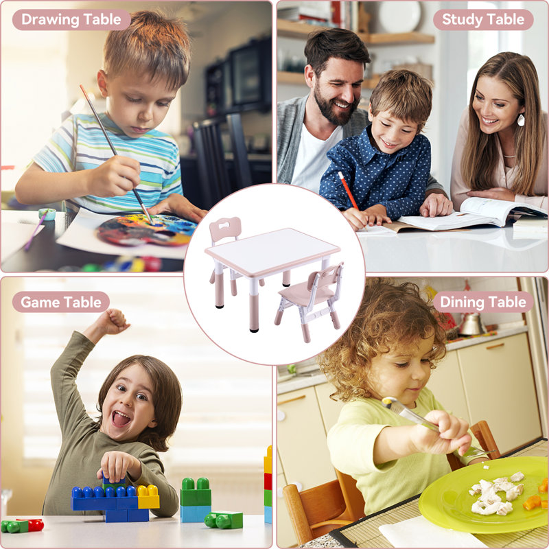 Angello Kids 3 Piece Play Or Activity Table and Chair Set, Pink/White