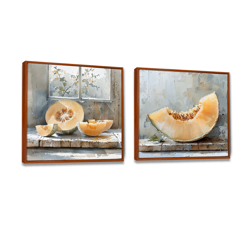 Melon dans les tons orange et gris I - Art mural Melon - Décoration murale traditionnelle 2 pièces, H 30 po x l 61 po, Brun