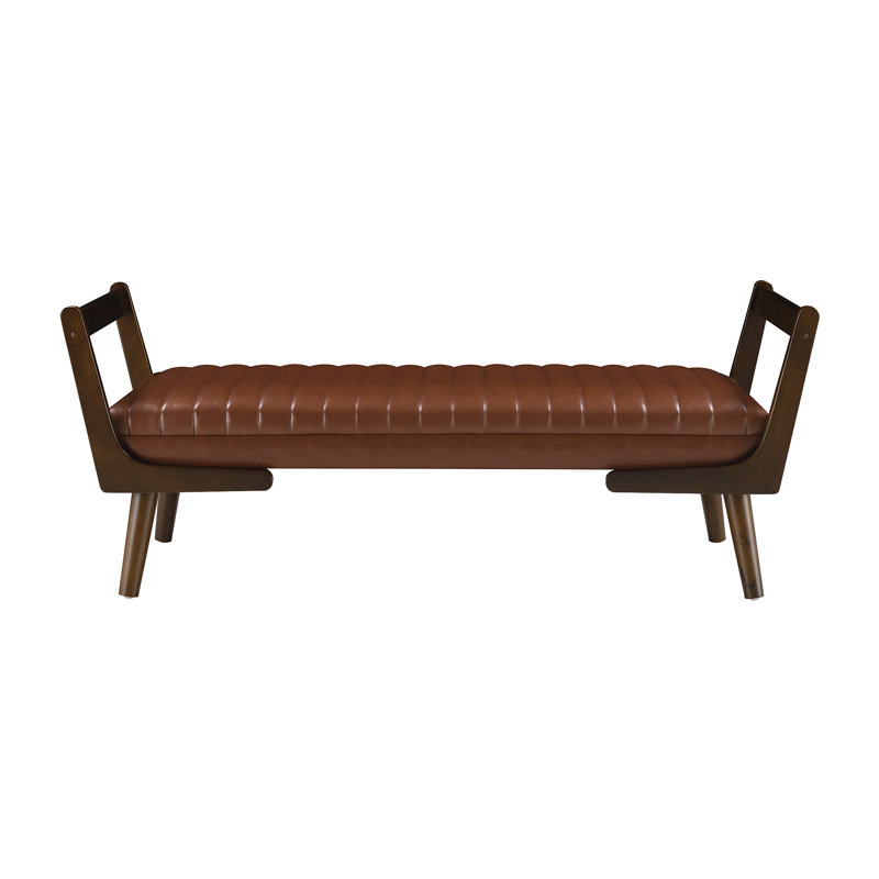 52" Mid Century Bench With Walnut Wood Leg, Cognac