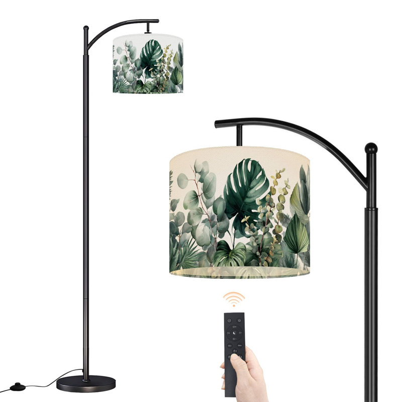 Arc Floor Lamp with Adjustable Lampshade Vintage Tropical Leafy Botanical Monstera Deliciosa Ensete Ventricosum Standing Lamp 3 Color Temperatures Dimmable Tall Pole Lamp with Foot Switch for Bedroom
