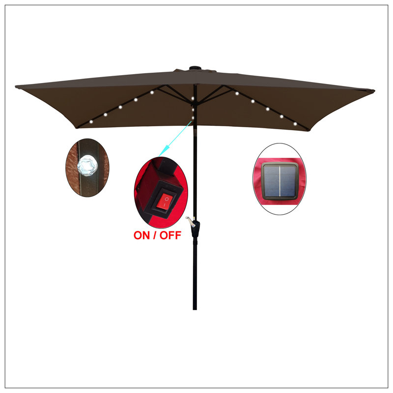 10 x 6,5 t Parasol de patio rectangulaire solaire à DEL avec parasol imperméable à l'eau avec manivelle et bouton-poussoir inclinable pour terrasse de jardin