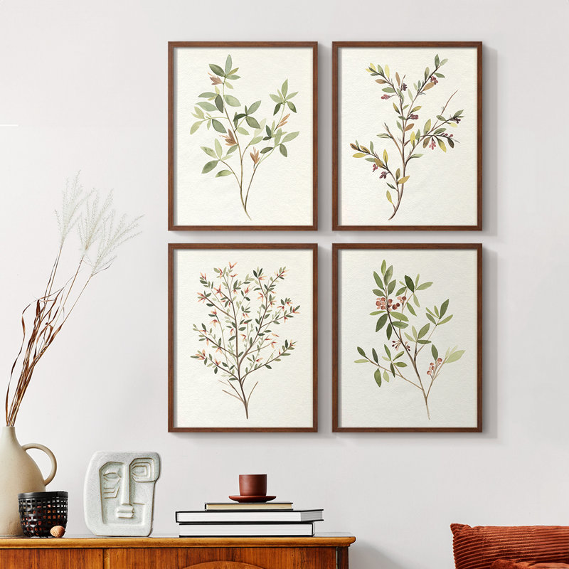 «Simple Sprig I», ensemble de 4 reproductions encadrées, H 20 po x l 16 po, Noyer