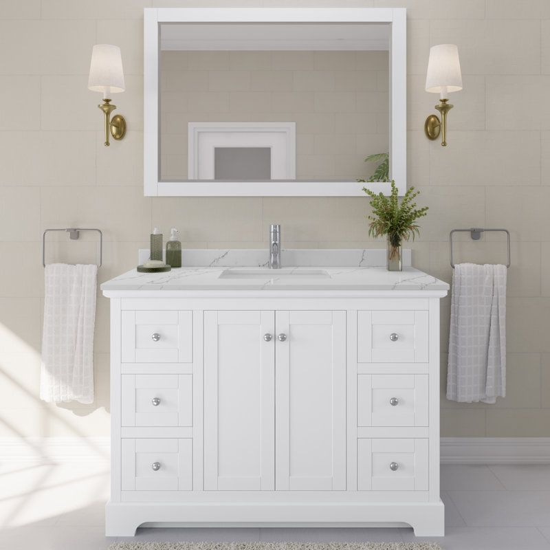 Avery 48'' Single Bathroom Vanity with Quartz Top, Giotto Quartz, White, Polished Chrome