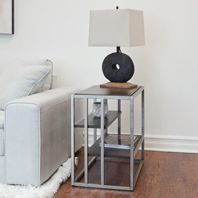 Metal Frame Wood Living Room Chairside Table with Shelf
