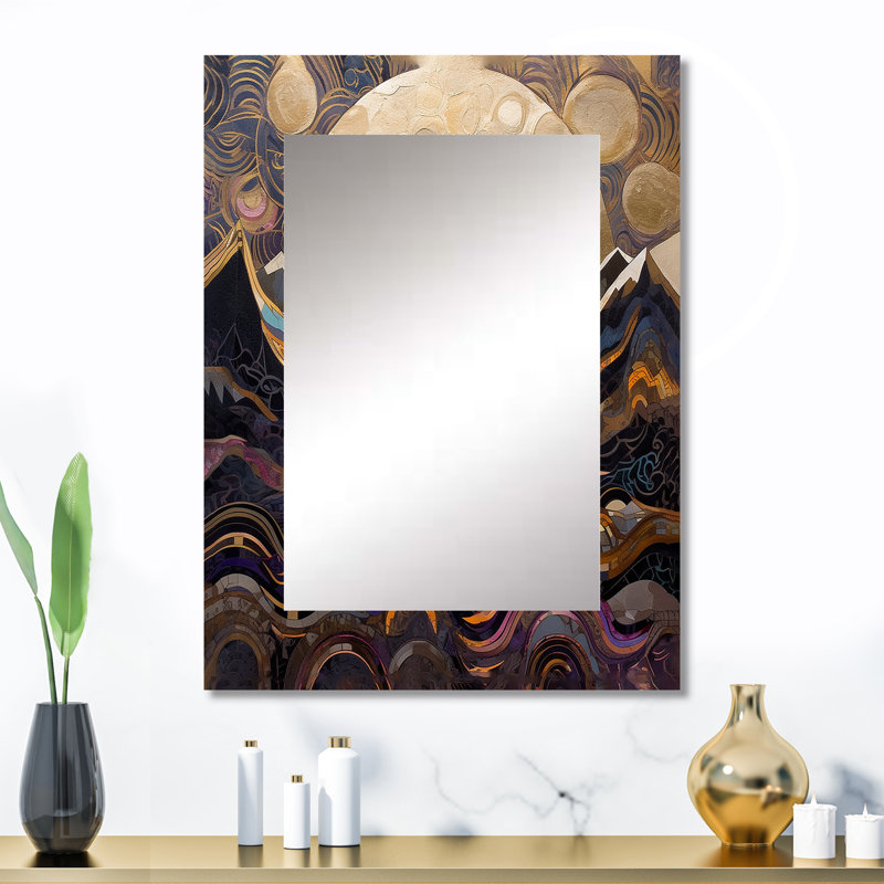 Golden Rising Moon II - Landscape Mirror, Traditional Decorative Wall Mirror, Printed Metal Art, 32" x 24"