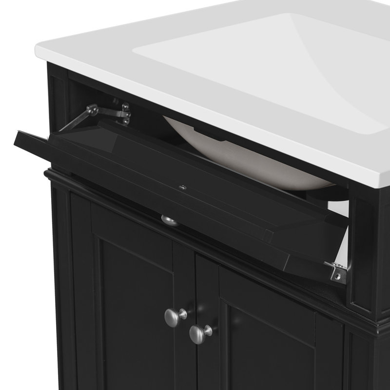 Meuble-lavabo de 24 po avec lavabo, 2 portes et tiroir compacte basculant, système de charnières silencieux, tiroir en céramique lustrée, évier de style intemporel pour la salle de bain, pieds, rangement intelligent