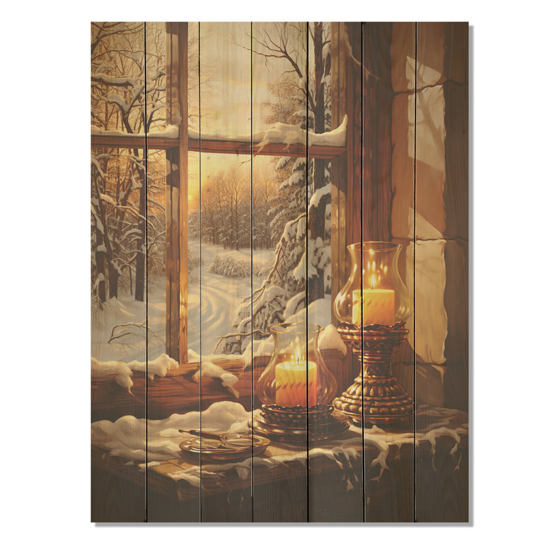 Christmas Winter Window View II - Paysage d'hiver sur bois, H 20 po x l 10 po