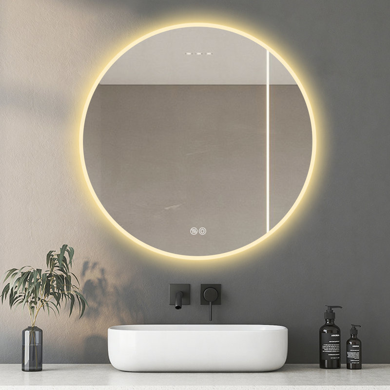 Miroir rond de salle de bain 32 po à DEL avec meuble-lavabo mural, anti-buée, 3 lumières réglables à température de couleur et à intensité variable, miroir de maquillage pour la chambre à coucher et la salle de bain, miroir intelligent pour la d?