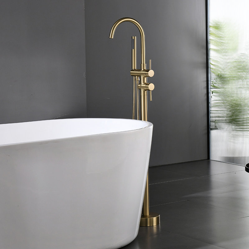 Handheld Shower Floor Mounted Bathtub Faucet In Gold - 1 Hole Faucet, Curved Shape, Handle Single Freestanding Tub Filler With Detachable Brushed Gold,