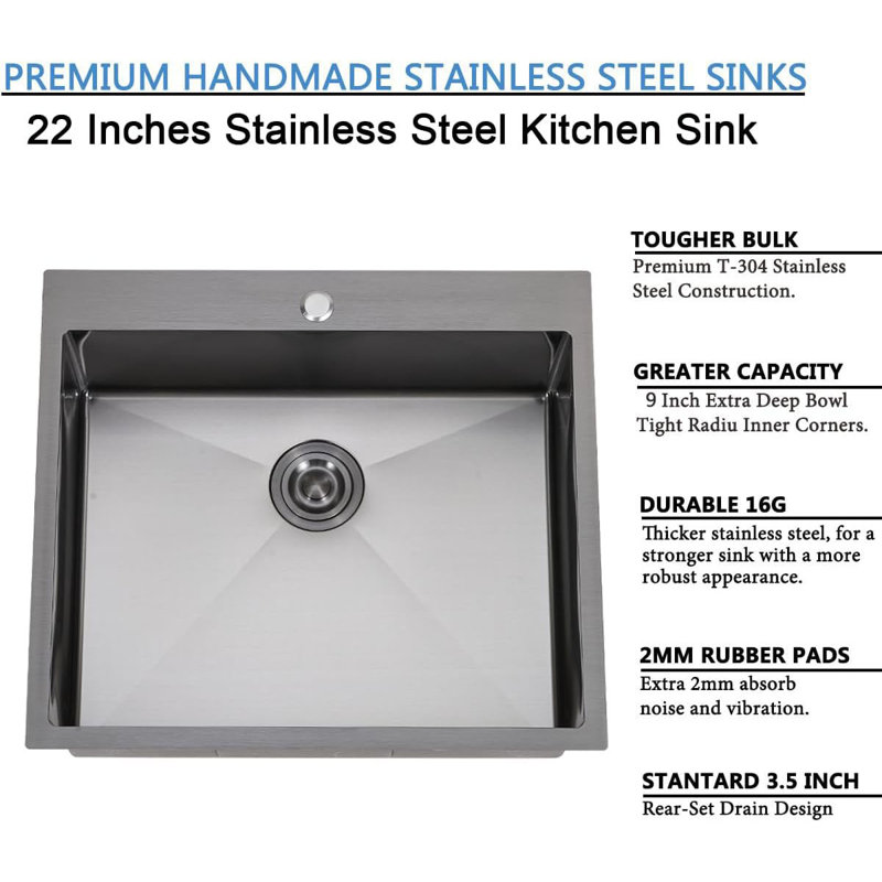 22X18 Inch Drop In Black Bar Sink, 22 Inch Gunmetal Black Outdoor RV Laundry Utility Sink, Stainless Steel 16 Gauge Single Bowl Prep Small Kitchen Sink With Strainer Drain