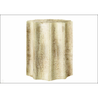 Handcrafted Drum Accent Table With Scalloped Design, Versatile For Living Room And Bedroom, Brushed Antique Gold Finish.