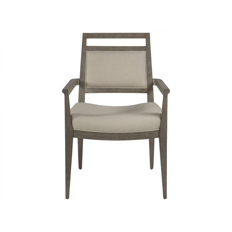 Gray Linen Upholstered Arm Chair with Mahogany Wood Frame
