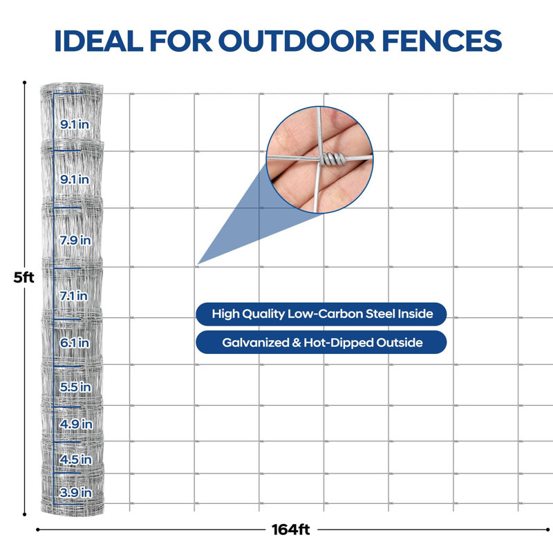 5ft x 164 ft Galvanized Farm Fence, Heavy-Duty Woven Wire Cattle Mesh, Fixed-Knot Rust-Resistant, 60" H x 164" W