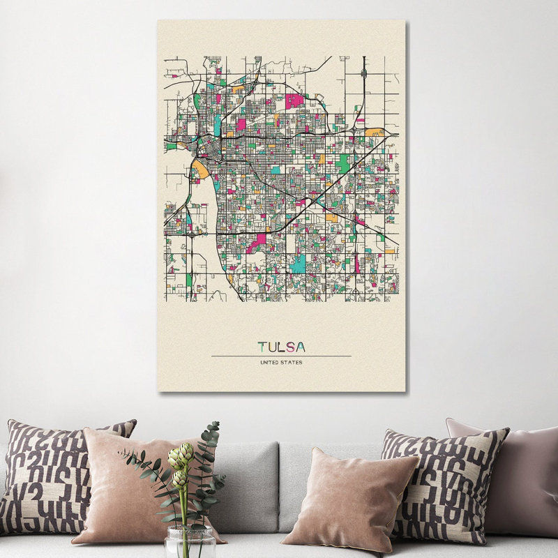 Carte de Tulsa, Oklahoma par - Toile tendue, H 60 po x l 40po x P 1,5 po