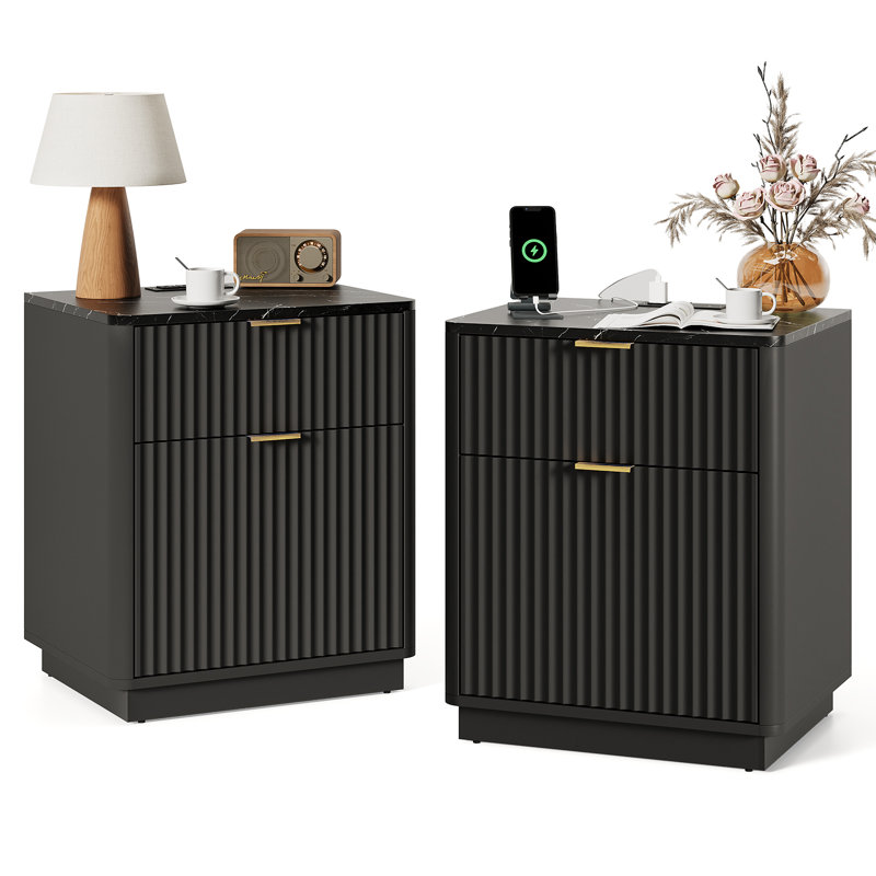 Valerica Fluted Nightstands with Charging Station, Black