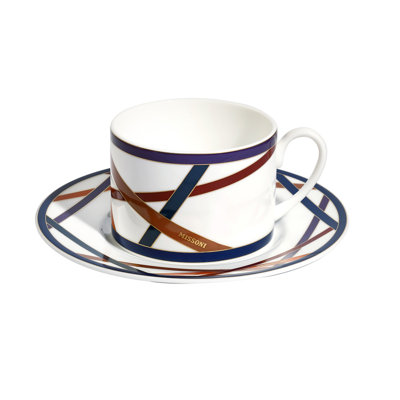 Missoni Tea Cup & Saucer NASTRI Set of 2 in Luxury Box diam. 3.3in, H 2.3in, cap. 7.5 oz, Saucer dim. 6in