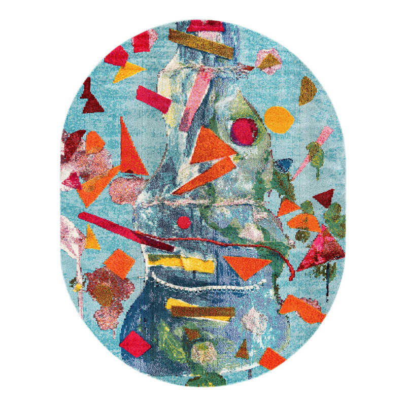 Abstract Blue/Orange Area Rug, Oval 7'1" x 10'